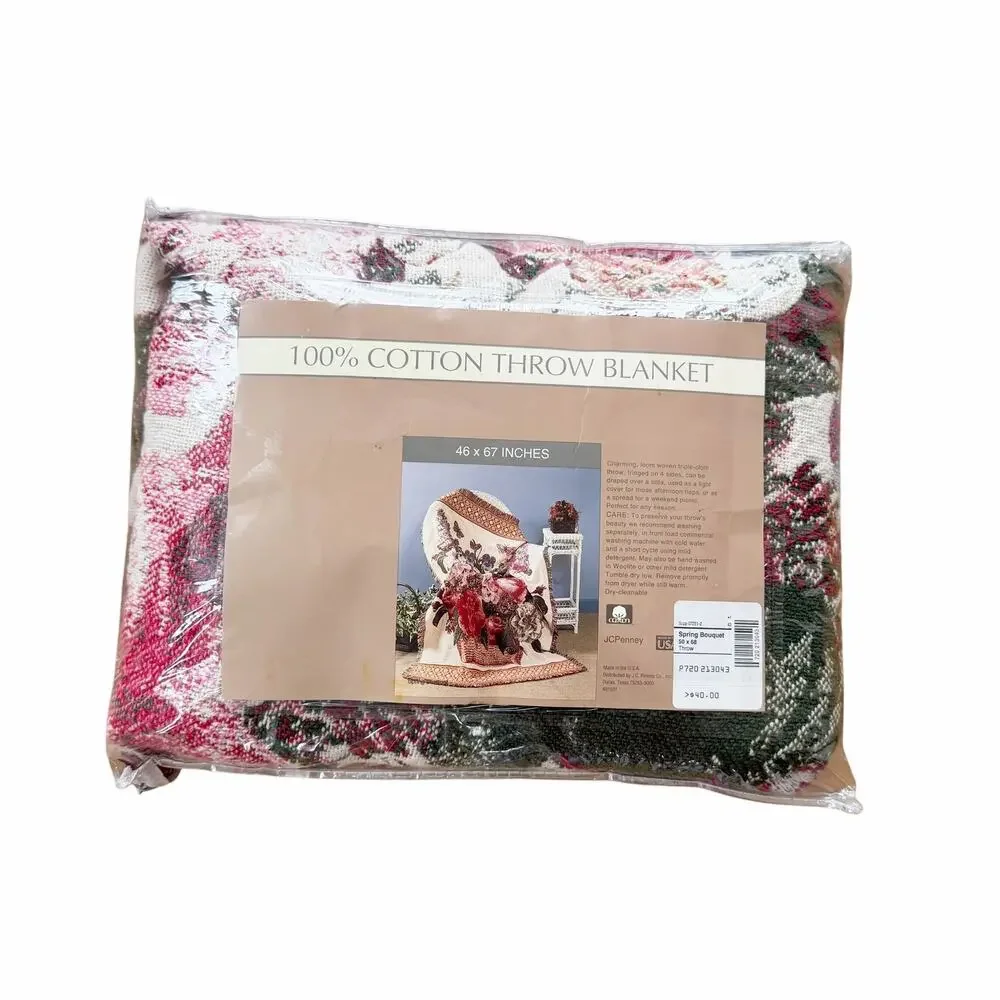 Vintage Shabby Chic Spring Flower Bouquet Woven Tapestry Fringed Throw Blanket
